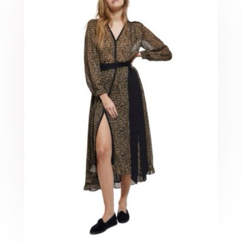The Kooples Leopard Print Maxi Dress Sheer Sleeve Belted NWT